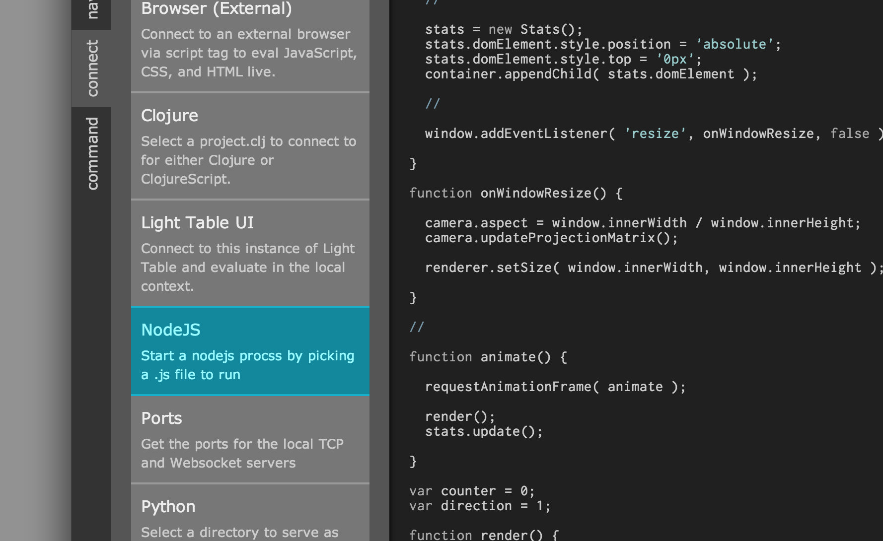 NodeJS in Light Table